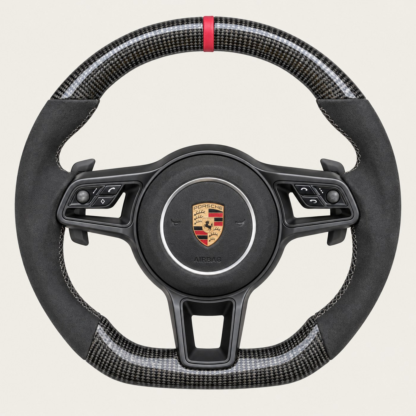 NOON wheel: Carbon · Alcantara grips · Red stitch