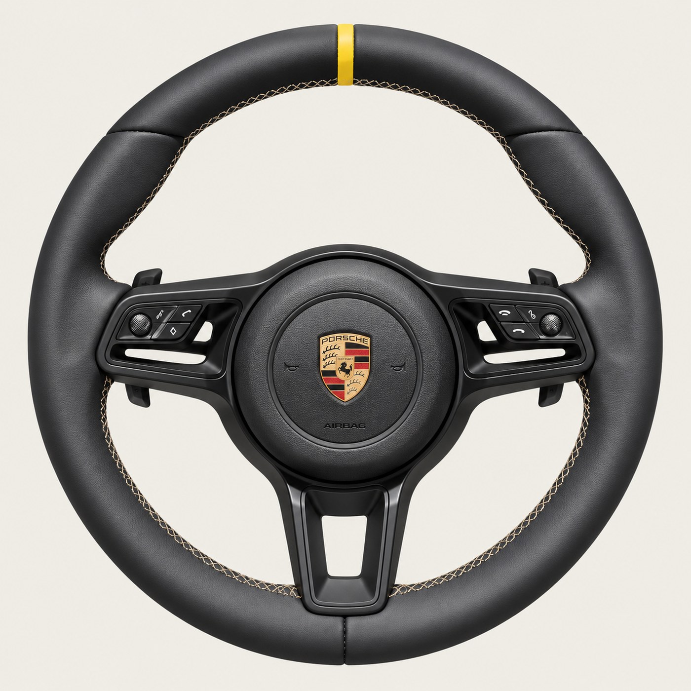 NOON wheel: Black leather · Sand Beige stitch · Yellow stripe